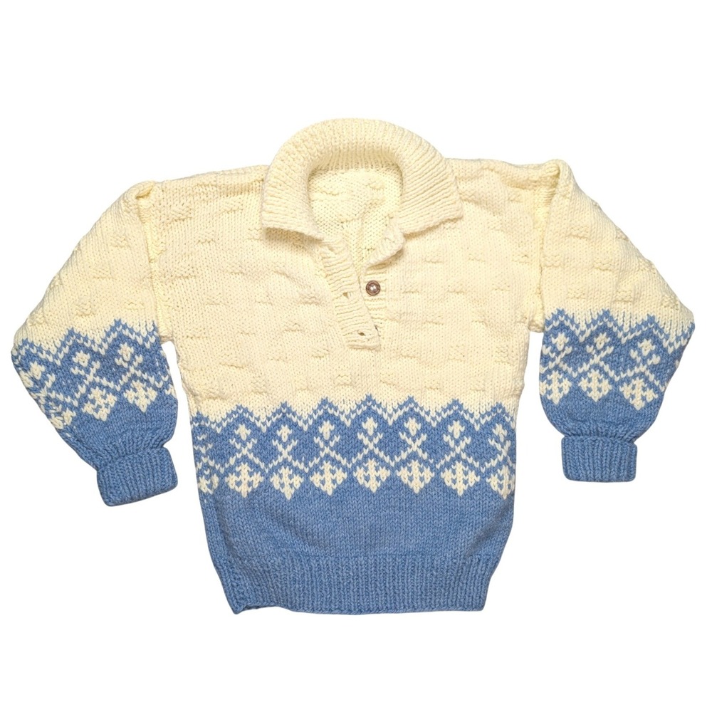 Homemade XL White Blue Chunk Knit Long Sleeve‎ Thick Warm Sweater Button Neck
